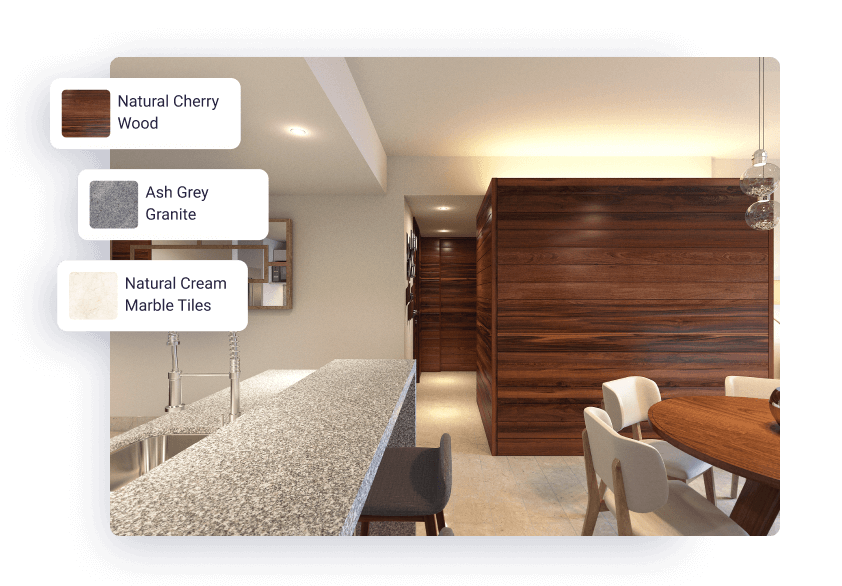 An OpenHUM view of a kitchen showing different finishes inside a virtual tour