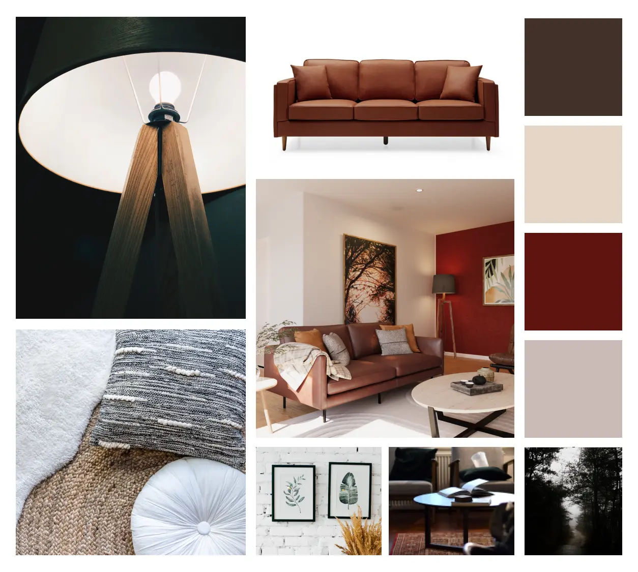 A moodboard showing a living room and the different elements and colors it uses.